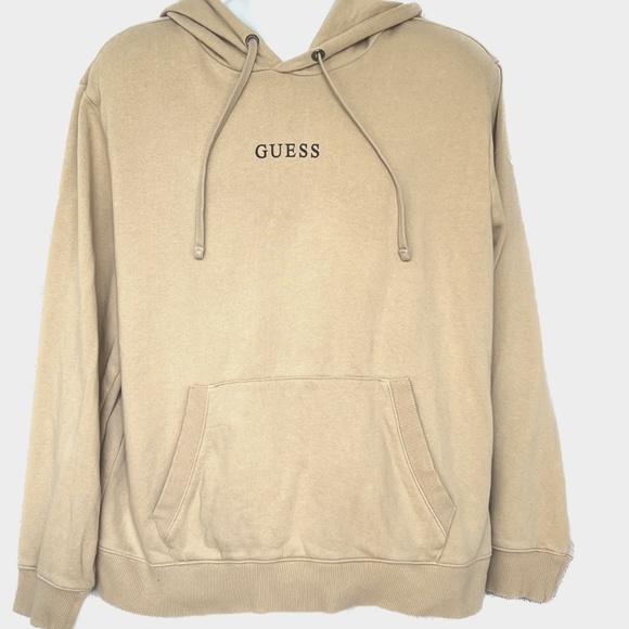 Vintage Guess Hoodie Size Large Tan Pullover Drawstring Logo 100% Cotton - Picture 1 of 6